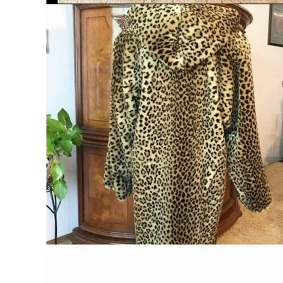 Dennis Basso Faux Fur Leopard Print Hooded Coat Oversized Small